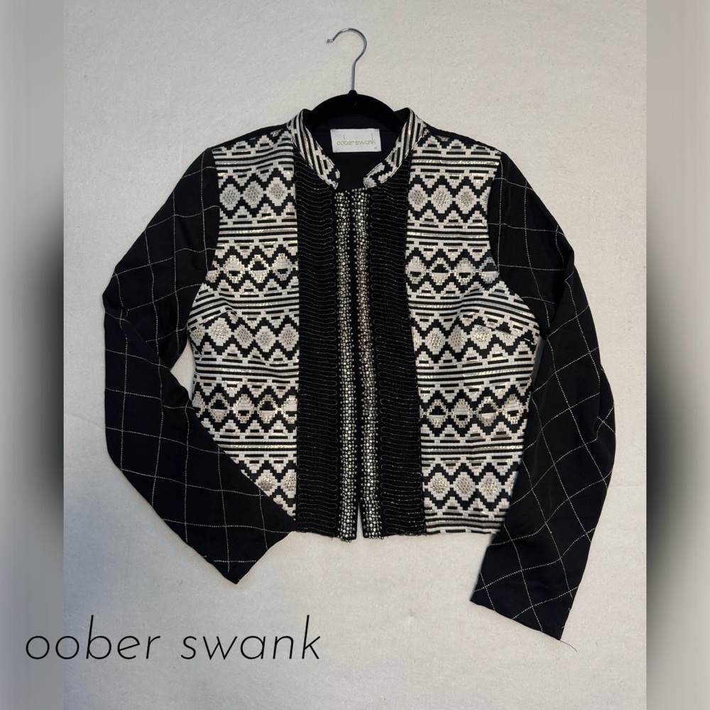 OOBER SWANK Women's Embellished Novelty Black and White Patterned Jacket